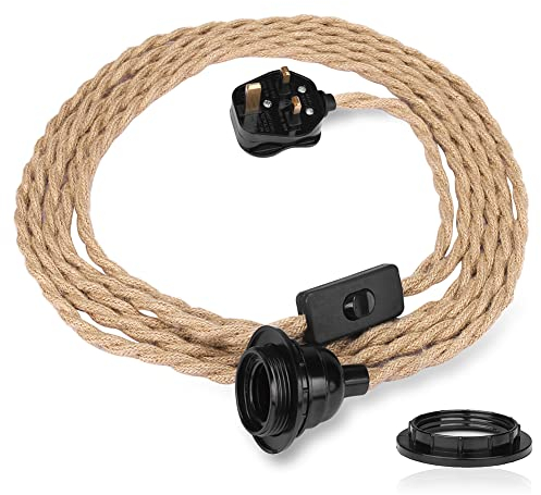 Teynewer 4.5m Pendant Light Ceiling Lighting Fitting, E27 Lamp Holder Suspended Kit with Plug in Cord Hemp Rope Pendant Lights Rustic Hanging Lamps with On/Off Switch-UK Plug