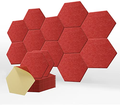 SK Studio 12 Stücke Akustikplatten, Akustik Hexagon Panels 30 x 25 x 0.9cm Selbstklebend Schallschutzpaneele Hochdichte Wandfliesen für Tonstudio, Büro, Studio, Akustische Behandlung Rot