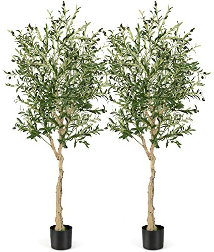 COSTWAY 130cm/182cm Artificial Olive Tree, 1/2 Pcs Tall Faux Topiary Plants with Realistic Fruits, Fake Greenery Olive Silk Plant in Cement Pot for Indoor Outdoor Decor (182cm, 2, Count)