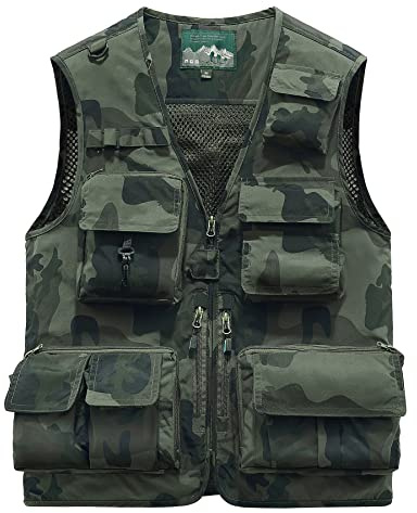 KTWOLEN Homme Gilet de Pêche Multi-Poches Gilets Léger Respirant à Séchage Rapide Gilet de Photographe Camping Chasse Gilet Extérieur sans Manche avec 15 Poches, Camouflage foncé, XXL