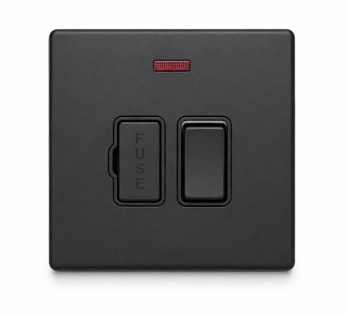 SHPELEC Matt Black Screwless Metal Plate Switches & Sockets Range 4mm Slim Profile – Plug Sockets, Light Switches, Fused Spurs, USB A&A/A&C Options (13A Switched Fuse Spur with Neon, 1 PACK)