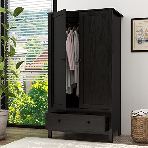 Panana 2 Door Wardrobe, Armoire with Drawer for Bedroom (Black)