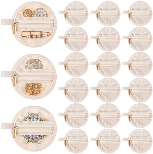 Uiifan 24 Pcs Travel Jewelry Pouches Bulk Zipper Jewelry Bag 3.74 Inch Small Flannel Portable Pocket Organizer for Earrings Round Case Pockets for Women Gift Bracelets Necklaces, Beige and Clear