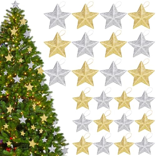 Kiiwah 24 Stücke Glitzer Stern Anhänger Weihnachten Deko, Mini Christbaumschmuck Sterne Anhänger Deko Girlande, Gold und Silber Glitzer Sterne Deko Hängend für Kamin,Fenster,Tischdeko (2 Größen Stern)