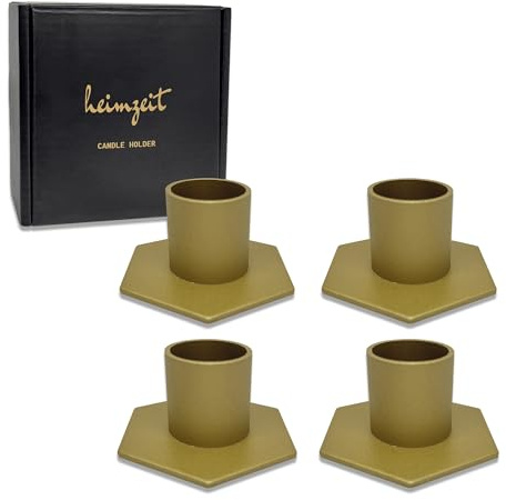 heimzeit Kerzenhalter aus Metall Ø22 mm, 4 Stück Hexagon in Gold | Kerzenständer für Stabkerzen und Tischkerzen, Stilvolles Design, für eine elegante Raumdekoration