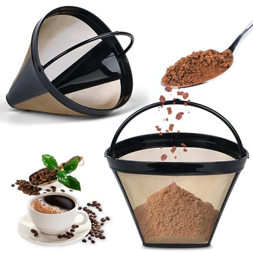 BOUAIDA Lot de 2 filtres coniques réutilisables N°4 pour cafetière, filtre à panier permanent remplaçable doré