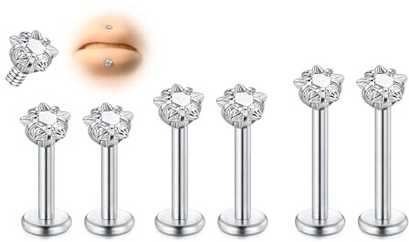 AVYRING 6 orecchini senza filettatura in acciaio chirurgico Medusa, 16 g, 6/8/10 mm, argento, trago, cartilagine, elice, labbro, piercing con sfera in acciaio e CZ per gioielli Forward Helix, Acciaio