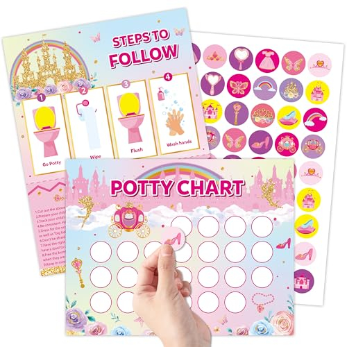 ANGOLIO Prinzessin Potty Training Chart - 10 Stück Rosa Princess Belohnungstafel Töpfchen mit 252 Töpfchentraining Aufkleber, Toilet Training Schritt Instructions Poster für Kids Kleinkinder Mädchen
