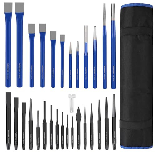 WORKPRO 30 PCS Heavy Duty Punch and Chisel Set with Roll Pouch, Cold & Cape Chisel, Center, Pin & Taper Punch, and Gauge, Blackened and Painted Finish for Durability