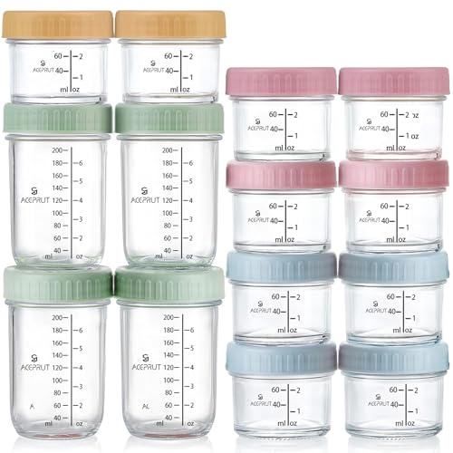 ACEPRUT 14 Stück Glas Babybrei Einfrieren Behälter, Beikost Baby Zubehör, Babynahrung Aufbewahrung, Auslaufsicher, BPA-frei, Mikrowelle, Geschirrspüler & Gefrierschrank sicher