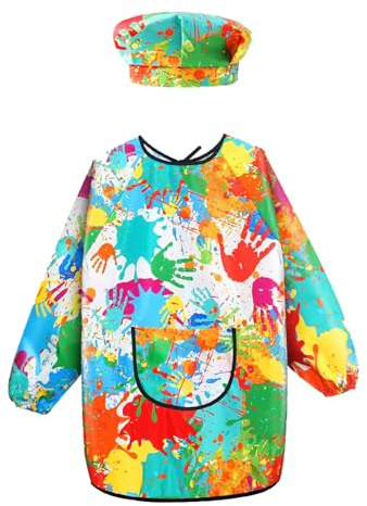 Langyoujia Grembiule da Pittura per Bambini, Regolabile con Maniche Lunghe e Grandi Tasche, Impermeabile per Ragazze e Ragazzi 7-12 Anni
