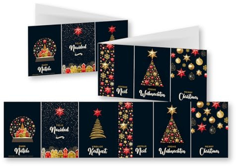 Edition Colibri 10 cartes de Noël nostalgiques avec enveloppes: Dimension de la carte dépliée 42 x 10,5 cm (XL panorama), Design élégant avec de l’or et du rouge sur fond noir (11162)