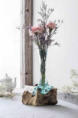 Dekoleidenschaft Vase Wurzelholz aus Holz & Glas, balinesische Handwerkskunst, Glasvase in Wurzel, Blumenvase