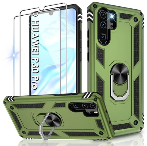 Jshru Handyhülle für Huawei P30 Pro Hülle Militärische Stoßsichere Schutzhülle mit Displayschutzfolie,360° Metall Ring Ständer TPU Bumper Aufprallschutz Case für Huawei P30 Pro,Armeegrün