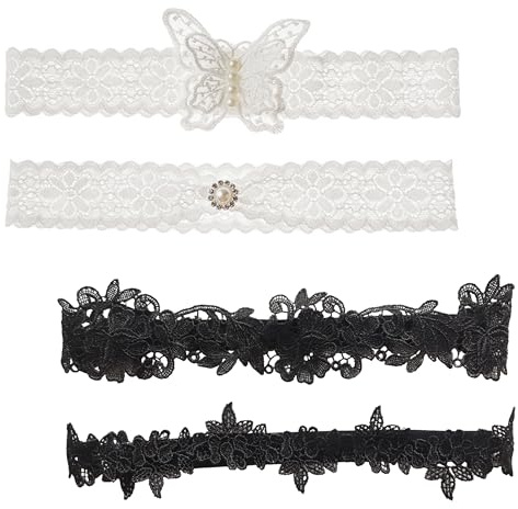 4 Piezas Liga Novia, Liga Nupcial Elástica, Liguero de Encaje Liga de Encaje Elegante Liga de Novia Blanco y Negro Liguero Novia Garter Boda Novias Accesorios para la Fiesta de Bodas