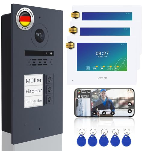 MATHFEL 2 Draht Bus IP 3 Familienhaus Video Türsprechanlage Fischaugenkamera 170 Grad, Außenstation in Aluminium, 3x7'' Monitor Weiß mit RFID Zugangskontrolle