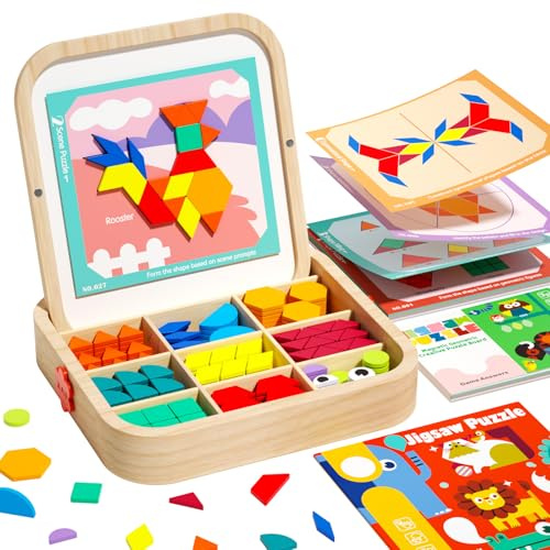 edutree Jeu de Blocs magnétiques en Bois avec Cartes, 288 pièces, Puzzle Tangram Montessori, Jouet d'apprentissage pour Les Enfants de 3 à 5 Ans, Cadeau éducatif STEM pour garçons et Filles de 3 à 5.