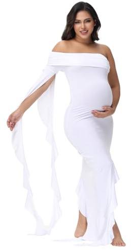 JustVH Maternity Off Shoulder Ruffle Sleeves Irregular Hem Pregnancy Photography Dress for Baby Shower Photoshoot, White, XL