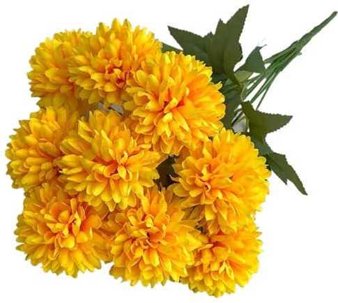 Bouquet de fleurs artificielles à 9 têtes de chrysanthème et hortensia pour décoration d'intérieur, bouquet de mariée, décoration de mariage (jaune)