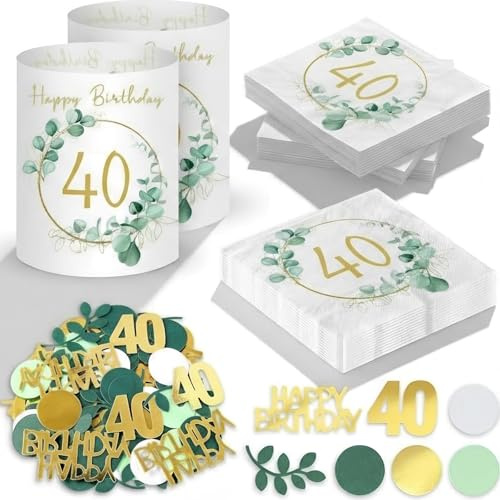 Tischdeko Geburtstag 40er -20 Stück Servietten 40. Geburtstag Dekoration+12 Stück Windlicht Tischdeko +100 Stück Eukalyptus Deko Konfetti, Happy Birthday Party Deko für 40. Geburtstagsdeko Mann Frauen