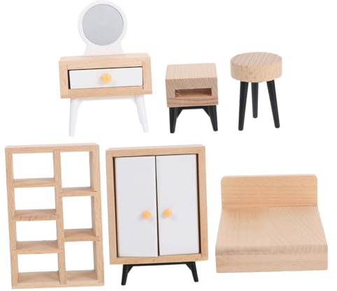 ORFOFE Set de Meubles Miniatures pour Chambre Garçon Fille Accessoires Réalistes Massif Armoire Lit Double Commode Coiffeuse et Table de Chevet Décoration Maison de Poupée