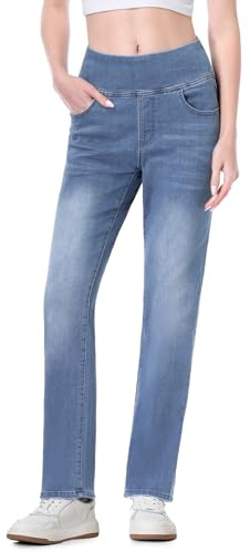 Chasehot Straight Jean Femme, Pull on Jeggings Taille Haute et Jambes Droites avec Poches,Mode Slim Fit Pantalon Denim Leggings Large Stretch,Bleu moyen-29-L