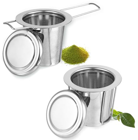 Infuseur à Thé 2 Pièces Acier Inoxydable Infuseur 304 Filtre à Thé pour feuilles détachées poignée pliable couvercle et mailles fines compatible tasses théières lavable en lave-vaisselle