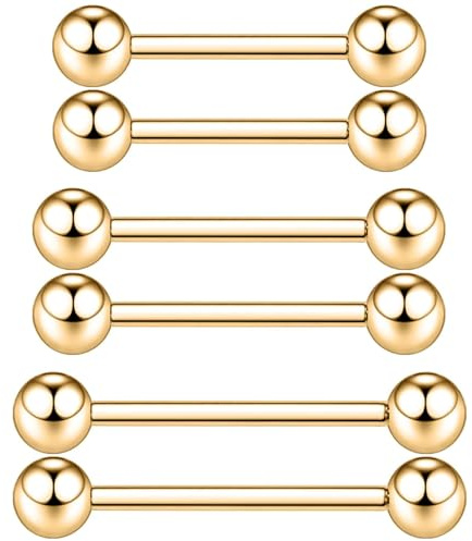 XUU ASTM F136 Titanium Straight Barbell, 14G (1.6mm) Internally Threaded Nipple Bars & Tongue Piercing Jewellery, 12mm/14mm/16mm Length, 5mm Balls, 6 Colours, Hypoallergenic, 1 Pair (Gold, 12mm)