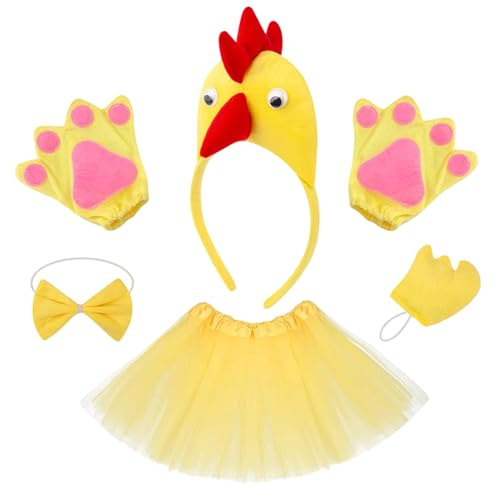 WSOAFVK 5 Piezas Disfraz de Pollo para Niños, Conjunto de Gallina con Tutú Diadema y Guantes, Accesorios Animales Granja para Halloween, Carnaval y Fiesta de Cumpleaños, Vestido Amarillo