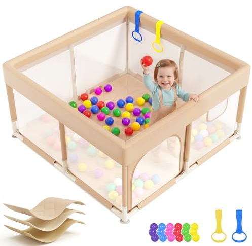 2026 Upgraded Dripex Baby Playpen with Mat, for Baby and Toddlers, Beige | Fully padded top rail and anti-slip suction cups, with 2 pull-up rings and colourful ball pit balls for safer play,124×124cm