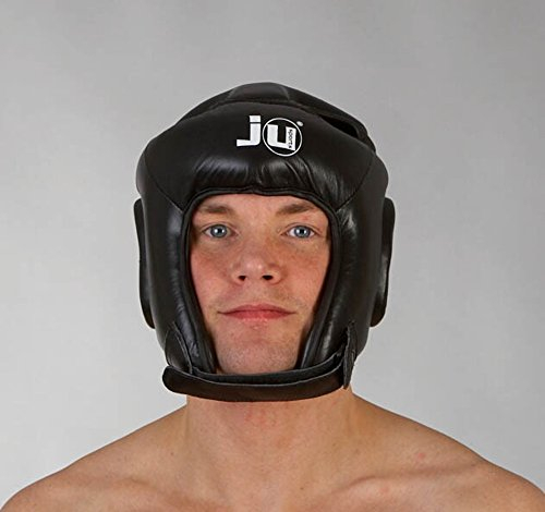 Ju-Sports Kopfschutz Lid - schwarz, Leder I Mit Ohrenschutz + Polsterung Oben optimal Für Boxen, Kickboxen, Thai Boxen & andere Kampfsportarten I Größe L