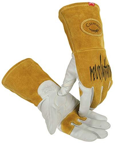Caiman Premium Goat Grain TIG/MIG Welding Gloves, Split Cowhide Back, Flame Resistant Back, White/Gold, X-Large (1868-6)
