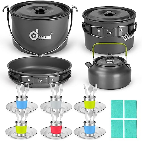 Odoland Camping Geschirr Set Outdoor Kochgeschirr, Faltbare Topf & Pfanne aus Aluminium 1,6L Teekessel Edelstahlplatten Tassen Besteck, Camping Kochset für 6 Personen für Camping Picknick Wandern