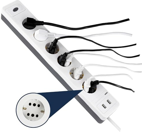 REV COMBINI Steckdosenleiste mit Schalter, Kabel 1,4m, 2X USB, weiß | Wandmontage | Mehrfachsteckdose mit Überspannungsschutz |6-12 Steckplätze 45 Grad gedreht