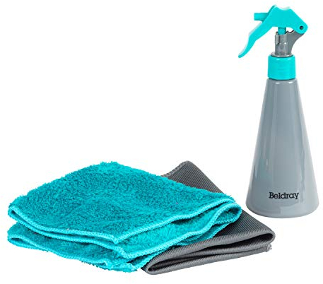 Beldray LA081315EU7 Spray Bottle with Two Cloths, Dusting/Polishing Cloth, Easy-to-Fill, For Cleaning Kitchens, Bathrooms, Mirrors and Windows, Absorbent, Use with Cleaning Solution, 250ml, Grey/Blue