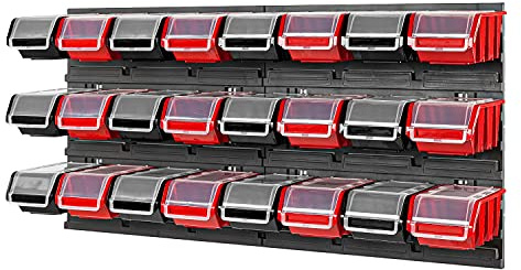PAFEN Storage System, Stacking Boxes with Lid, Wall Shelf, 772 x 390 cm, Pack of 24 Boxes, Tool Wall, Workshop Shelf, Chute Rack, Black/Red