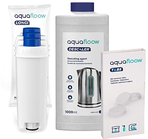 AquaFloow Kötselkit för Helautomater och Espressomaskiner Kompatibel med DeLonghi DLS C002, SER3017, 5513292811, 8004399327252 3x Filter, Rengöringstabletter och Avkalkare