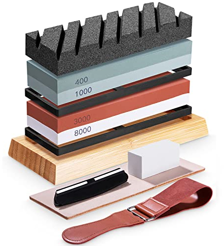 FAOKZE Abziehstein Schleifstein Set 9-in-1, Doppelseitig 400/1000 und 3000/8000 Grit Messerschärfer, Professionell Wetzstein Whetstone mit Rutschfester Bambusboden Winkelführung Leder-Streichriemen