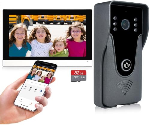 Sistema di citofono wireless video IP, monitor WiFi da 7 pollici con telecamera per porte HD in metallo (alimentazione via cavo), videocitofono con registrazione della scheda 32G, telecomando
