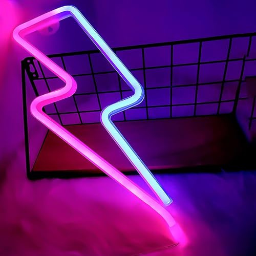 LED Blitz Neonlicht für Wanddekoration: Nizirioo Lightning Bolt Neonschilder Neon Schilder mit Rosa und Blauem Neonlicht für Schlafzimmer USB/3 AA Batterie Netzteil für Bars, Partys, Weihnachten