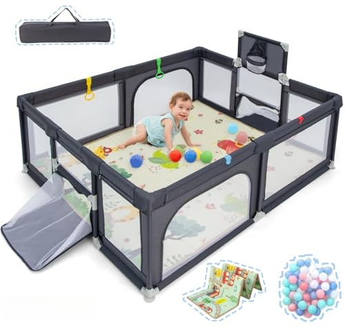 LIFEZEAL Baby Laufstall Faltbar, Laufgitter mit 50 Spielbällen & Matratze, Krabbelgitter Aktivitätszentrum für Kinder, mit Tragetasche (dunkelgrau) (188 x 157 x 69 cm, Dunkelgrau)