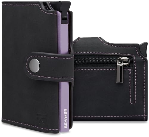 BEWMER v2 Kartenetui mit RFID-Schutz & Anti-Cloning - Damen & Herren Geldbörse mit Münzfach & Platz für 9 Kreditkarten | Kunstleder Portemonnaie Herren & Damen mit Clipverschluss | Schwarz-Violet