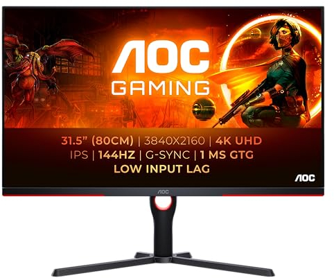 AOC Gaming U32G3X - 32 Inch 4K UHD Monitor, 144Hz, IPS, 1ms GTG, G-Sync Compatible, Low input Lag, HDR400, Height Adjust (3840 x 2160, HDMI 2.1 / DP 1.4 )