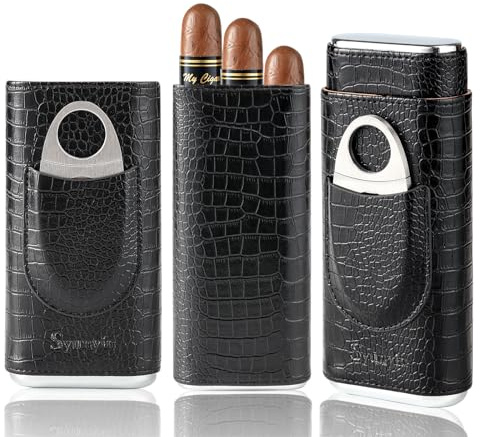 Syunyin Estuche para puros, funda de piel negra para 3 puros, juego de accesorios con cortador de puros, juego de regalo para viajes, humidor para puros, funda para cigarros, regalos para hombres