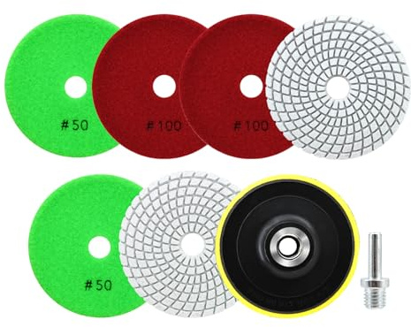 SANLEETEK Nass Diamant Polierscheiben - Diamant Polierpad 6 Stücke 100mm Körnung 50x3/100x3 mit M14 Stützteller+Adapter für Granit Marmor Kunststein Quarz für Winkelschleifer