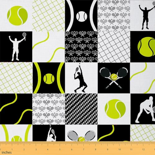 Homemissing Kinder Tennis Patchwork Stoffe Sports Spiel Stoff 92x150cm Tennis Gaming Stoff Meterware für Stühle Gelb Weiß Schwarz Plaid Polsterstoff