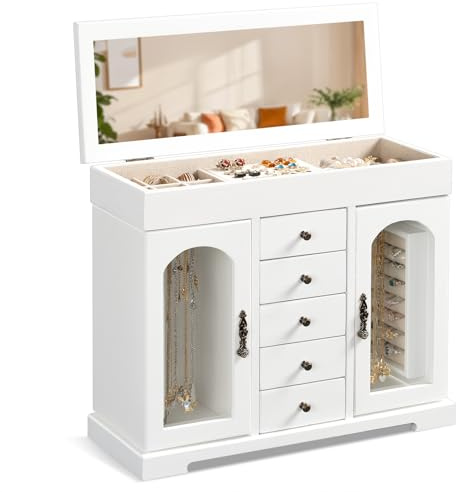Emfogoo Jewellery Box for Women Girls, Rustic Wooden Large Jewellery Organiser Box with Mirror, 6 Layer Jewellery Storage Case Display for Necklaces Earrings Rings Bracelets (White)