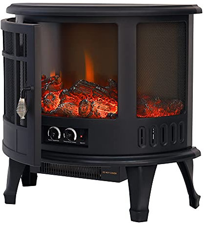 WarmieHomy Electric Fire Stove, Black Retro Electric Fire Freestanding with Realistic LED Log Fire Flame Effect, Adjustable Thermostat, Flame Dimmer, Overheat Protection, 1800W