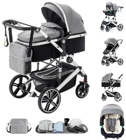 Kakbgee Carrito Bebé 3 en 1, Cochecito Bebe con ECE R129 Asiento de Coche, Cochecito con Mango Ajustable de Altura, Cochecito Carro de Visión alta con Marco de Aluminio (0-4 Años, 22 KG)