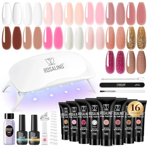 ROSALIND Acrygel Kit Complet, Gel pour Extension d’Ongle 16 Couleurs 10 ml Avec Lampe UV, Base & Top Coat et Outils de Manucure, Gel Construction Ongle UV Set de démarrage pour DIY Nail Art